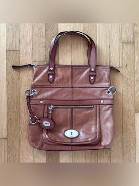 Vintage Fossil Brown Leather Tote Bag Large Y2K Lining 20x14